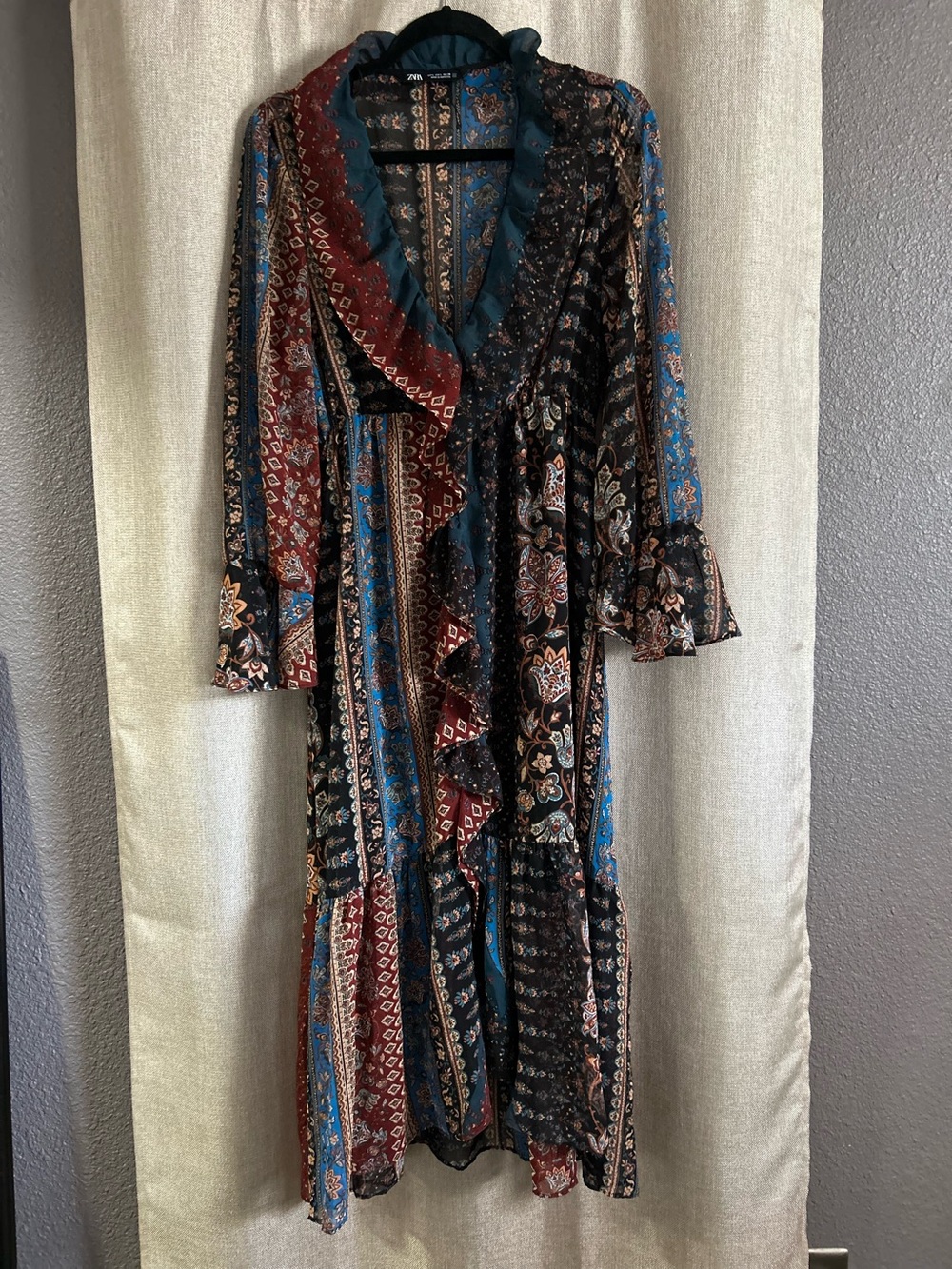 Bohemian Floral Patchwork Maxi Dress Burgundy Size Lg